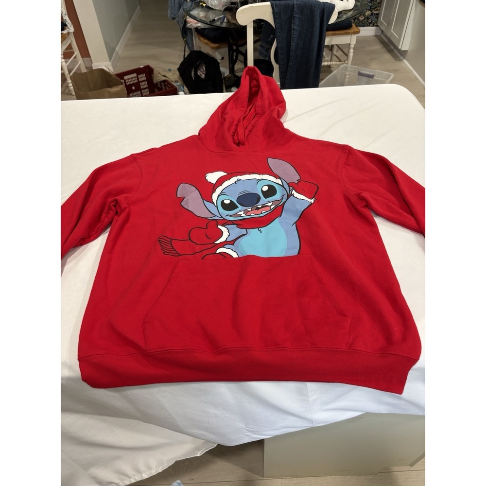 Disney  Stitch Christmas Fleece Hoodie Jr Size Large (11-13) Red Lilo & Stitch
